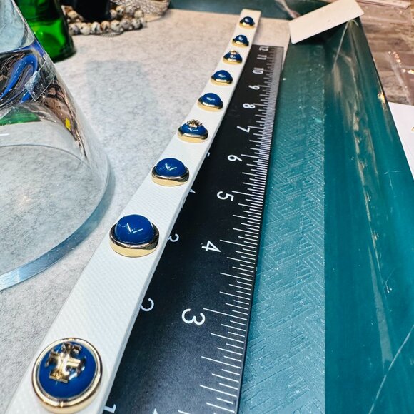 Tory Burch - Leather Double Wrap Blue Cabochon Logo Studded Bracelet - Picture 5 of 8